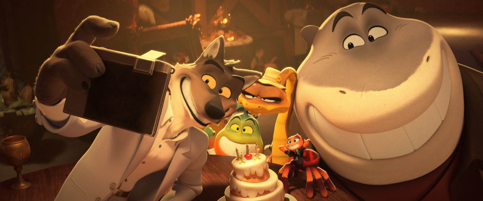 (from left) Mr. Wolf (Sam Rockwell), Mr. Piranha (Anthony Ramos), Mr. Snake (Marc Maron), Ms. Tarantula (Awkwafina) and Mr. Shark (Craig Robinson) in DreamWorks Animation’s The Bad Guys, directed by Pierre Perifel.